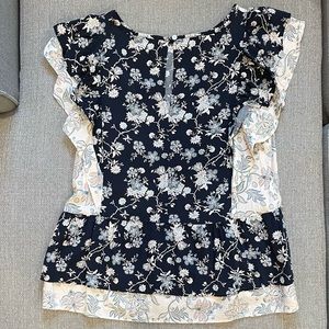 LOFT flutter sleeve peplum blouse, size S, Navy and light pink floral